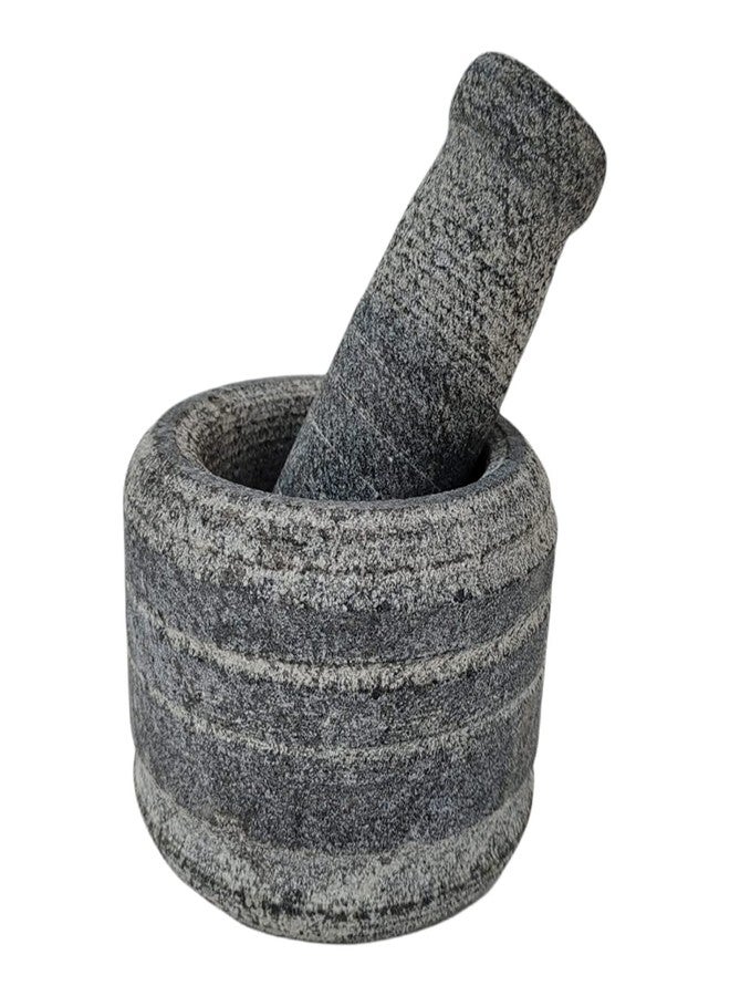 AZKAR Stone Mortar Pestle Set for Spices, Okhli Masher, Khalbatta Stone, Natural & Traditional Grinder, Musal, Well Design for Kitchen, Home, Herbs (4x3 inch) Grey - Image 2